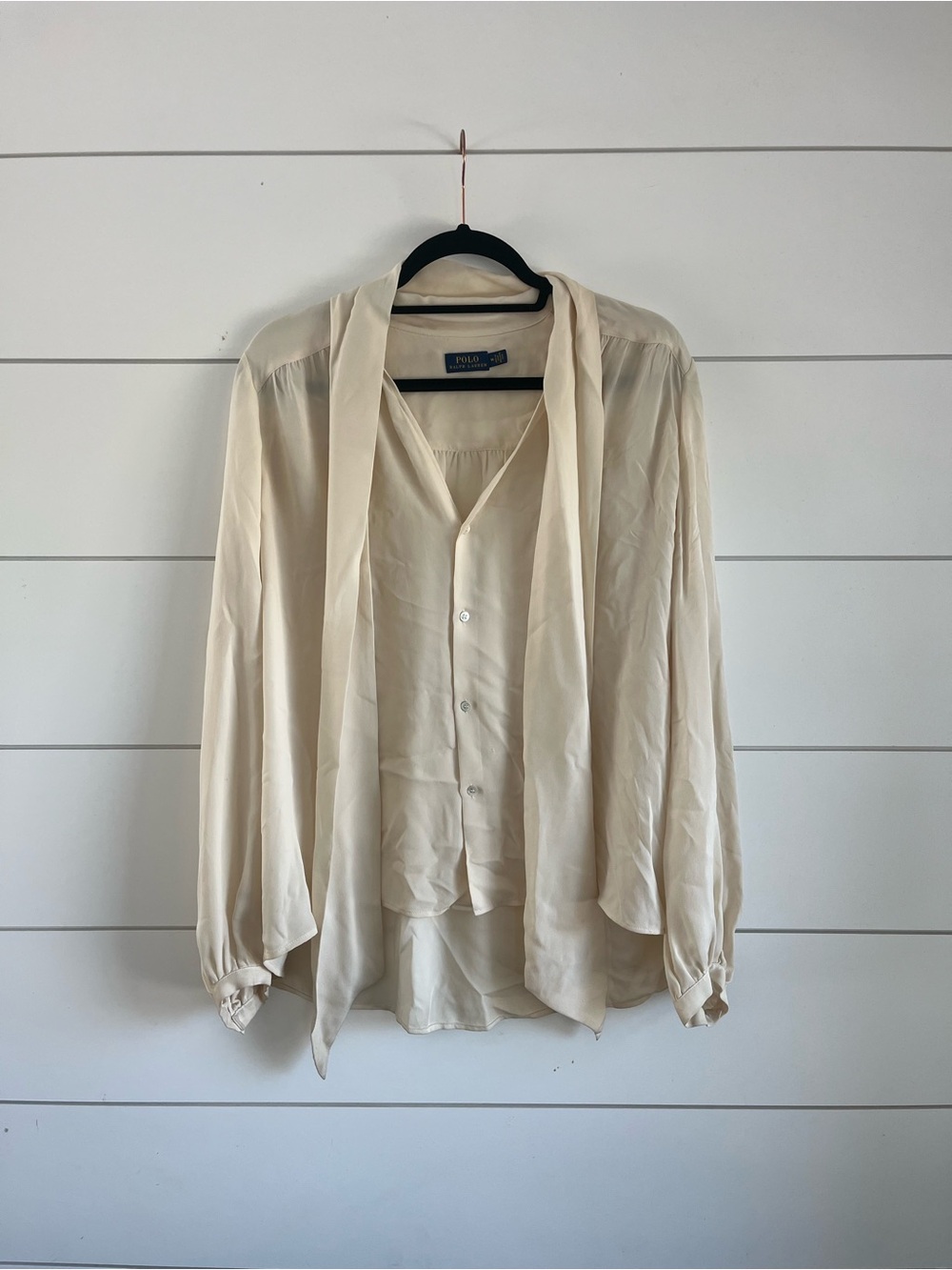 Ralph Lauren Cream Silk Tie-Neck Blouse Size Medium